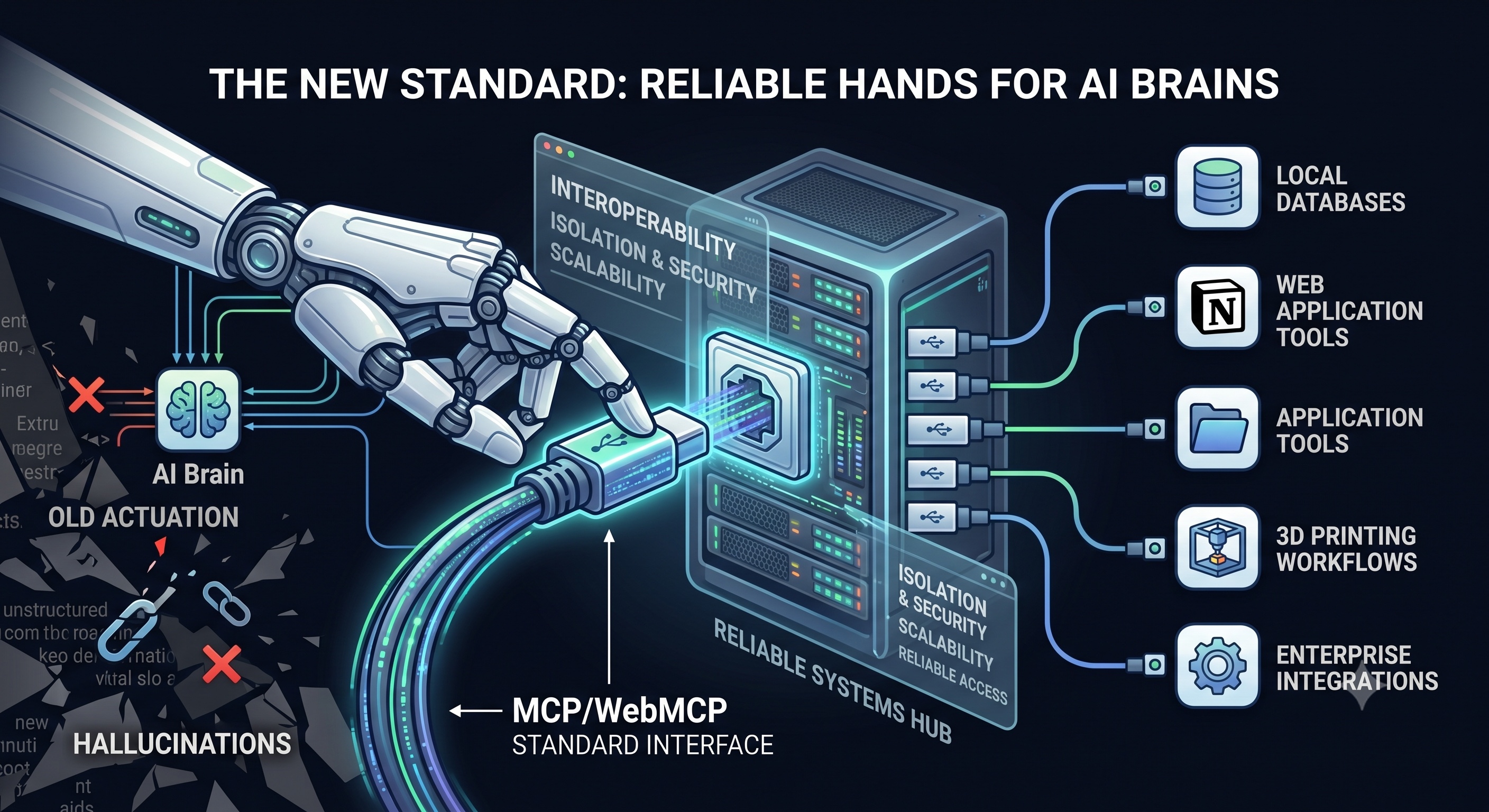 The MCP ecosystem illustrating standardized interoperability, security, and scalability