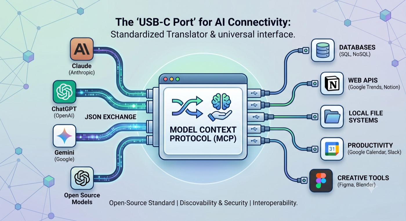 MCP as a centralized hub connecting AI models to local systems and APIs